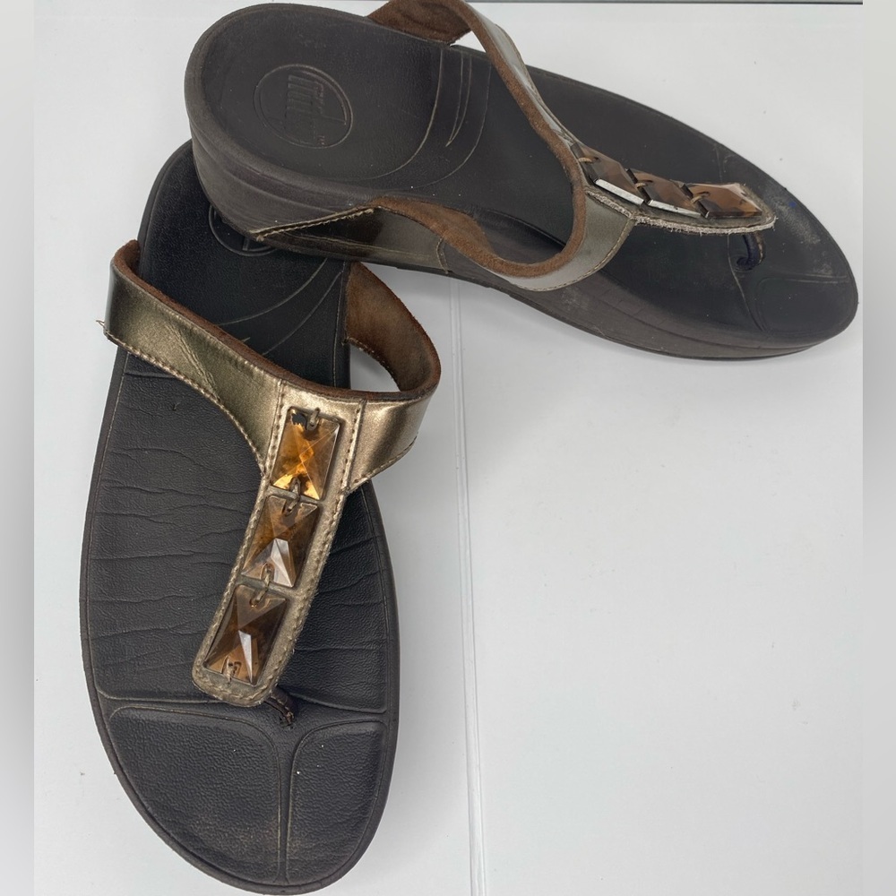 FITFLOP Pietra Bronze Rhinestone Comfort Platform Women's Wedge Sandals AS IS